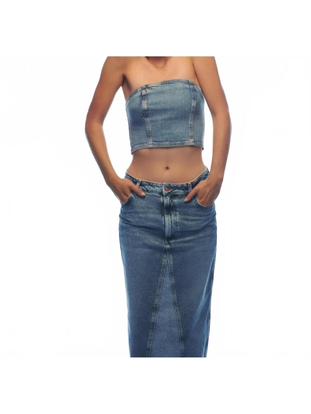 ZARA Denim Corset Tube Top Medium Wash Strapless Jean Crop Top Small